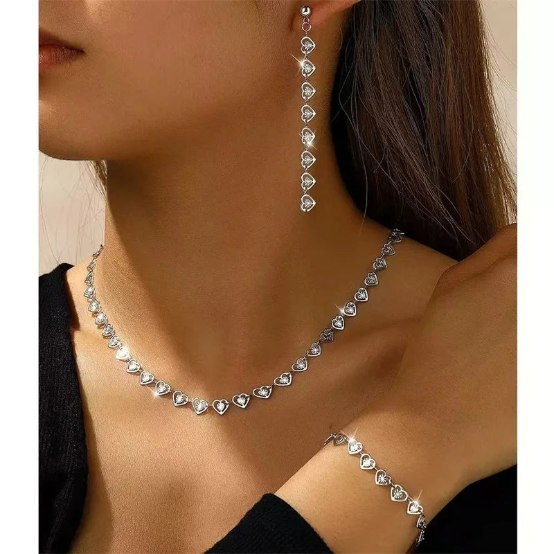 Gold Heart Necklace Bracelet & Earrings Set