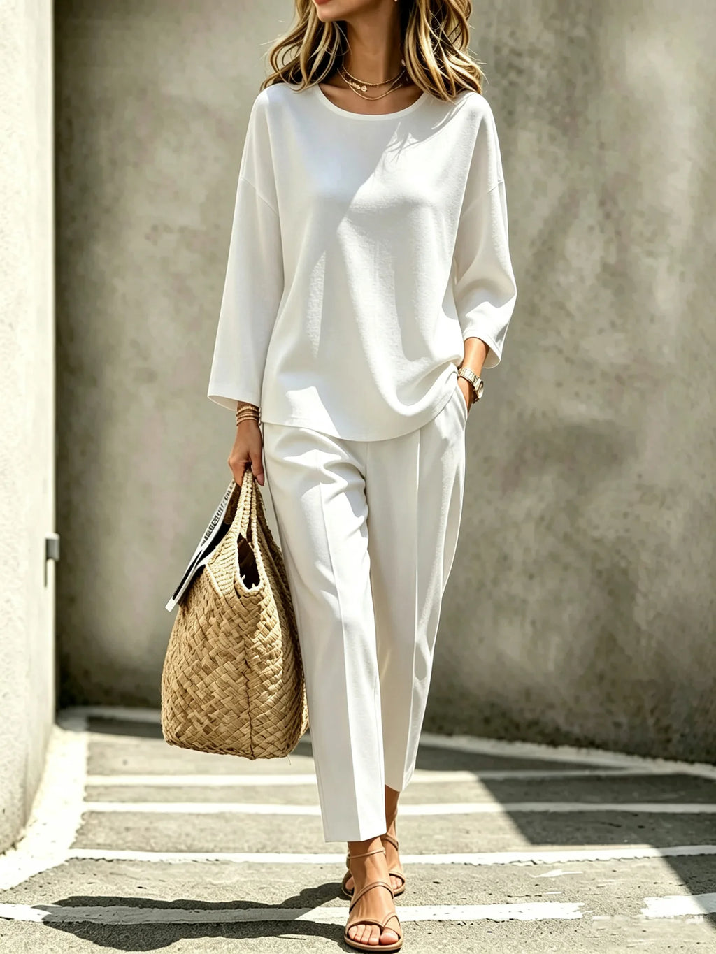 Casual Solid Color Two-piece Set Women's Spring Autumn Simple Round Neck Loose Top+pants Suit Fashion Street Outfit For Ladies
