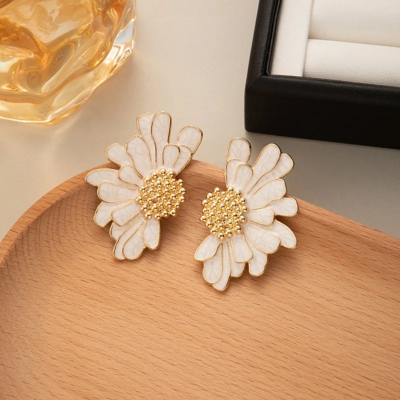 White Pink Metal Petal Flower Stud Earrings