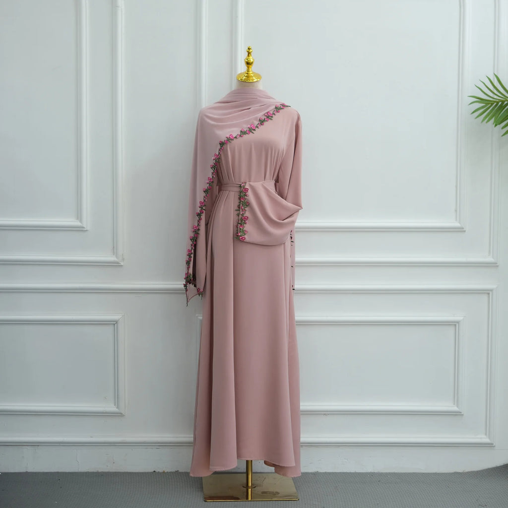 Rose Floral Trim Dubai Abaya with Hijab