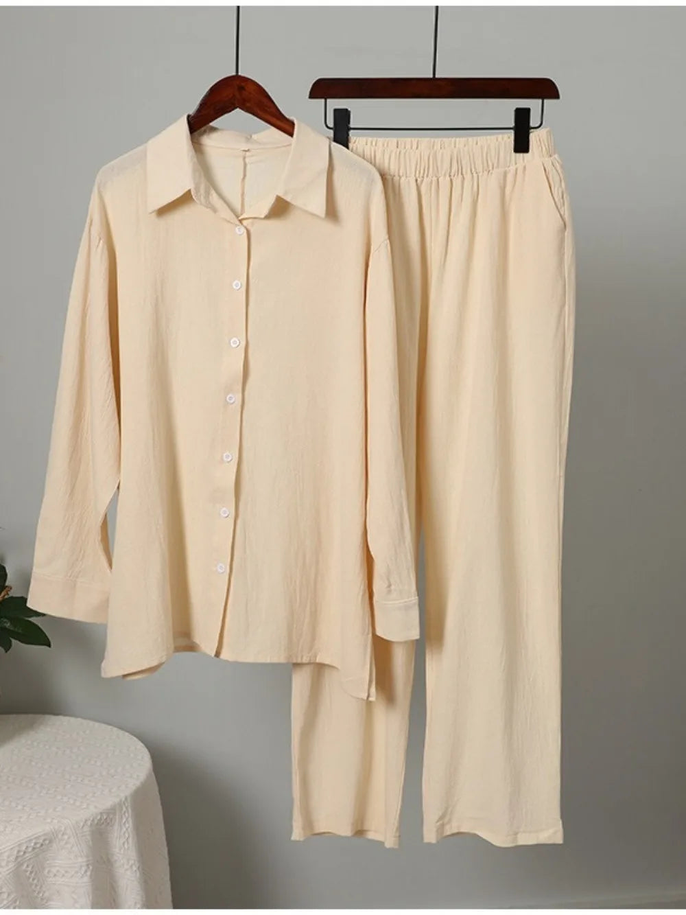 Women Muslim Set Wide Leg Pants Set Two Piece Set Cotton Linen Buttons Shirt Suit Ramadan Eid Dubai Ensemble Arabic Outfits
