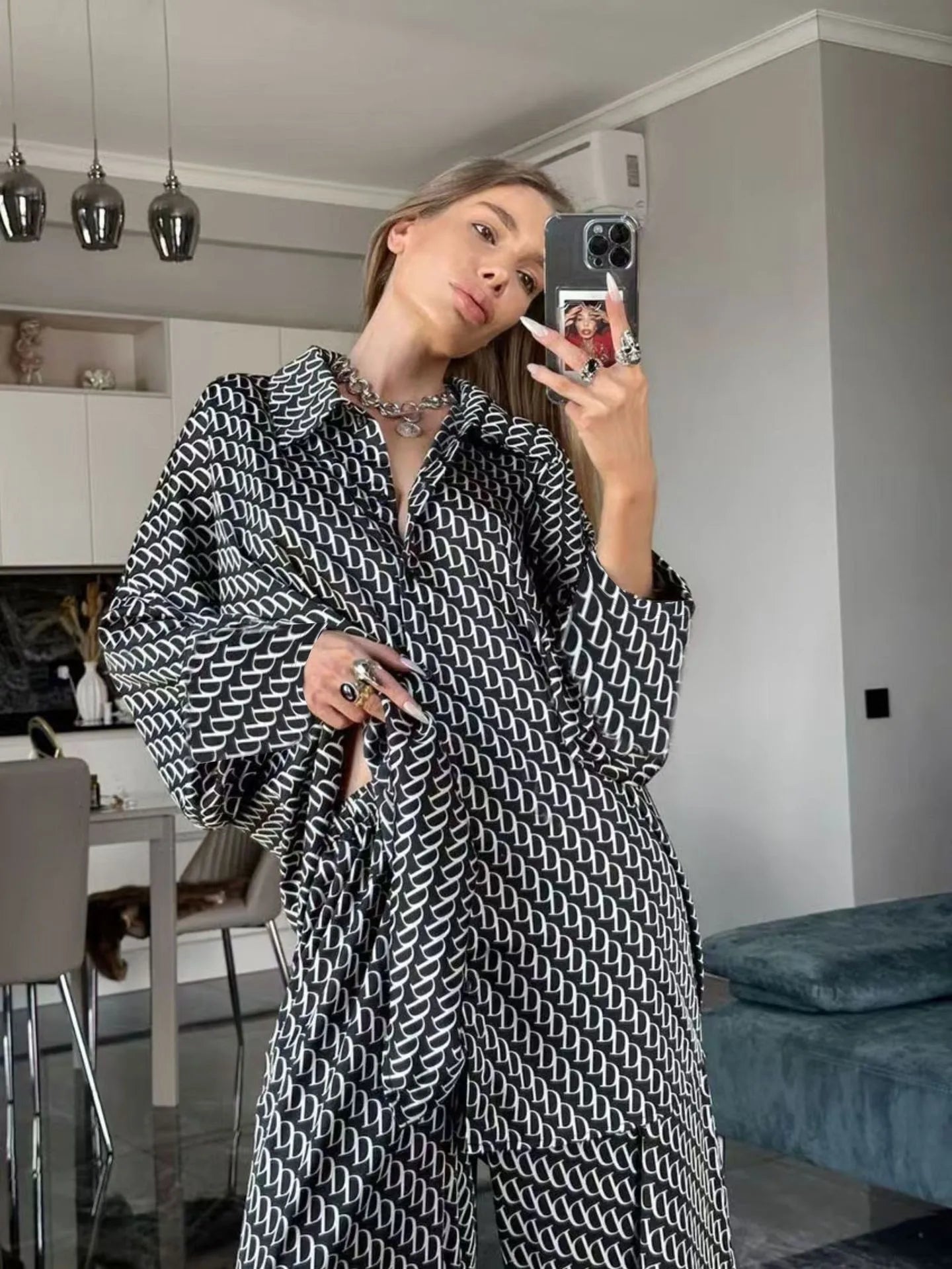 Geometric Print Shirt & Wide Leg Pants Set