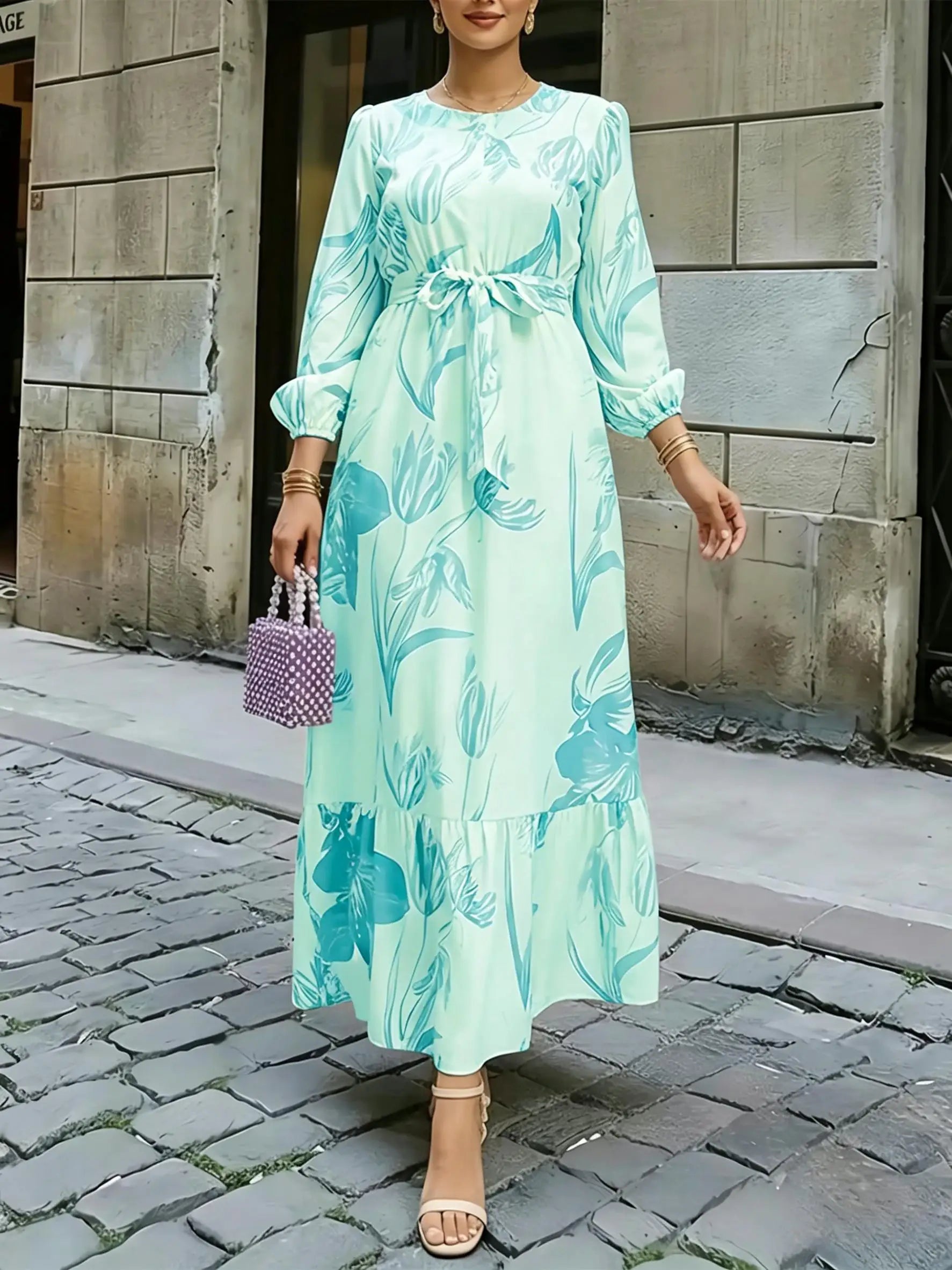 Floral Lantern Sleeve Long-Sleeve Maxi Dress