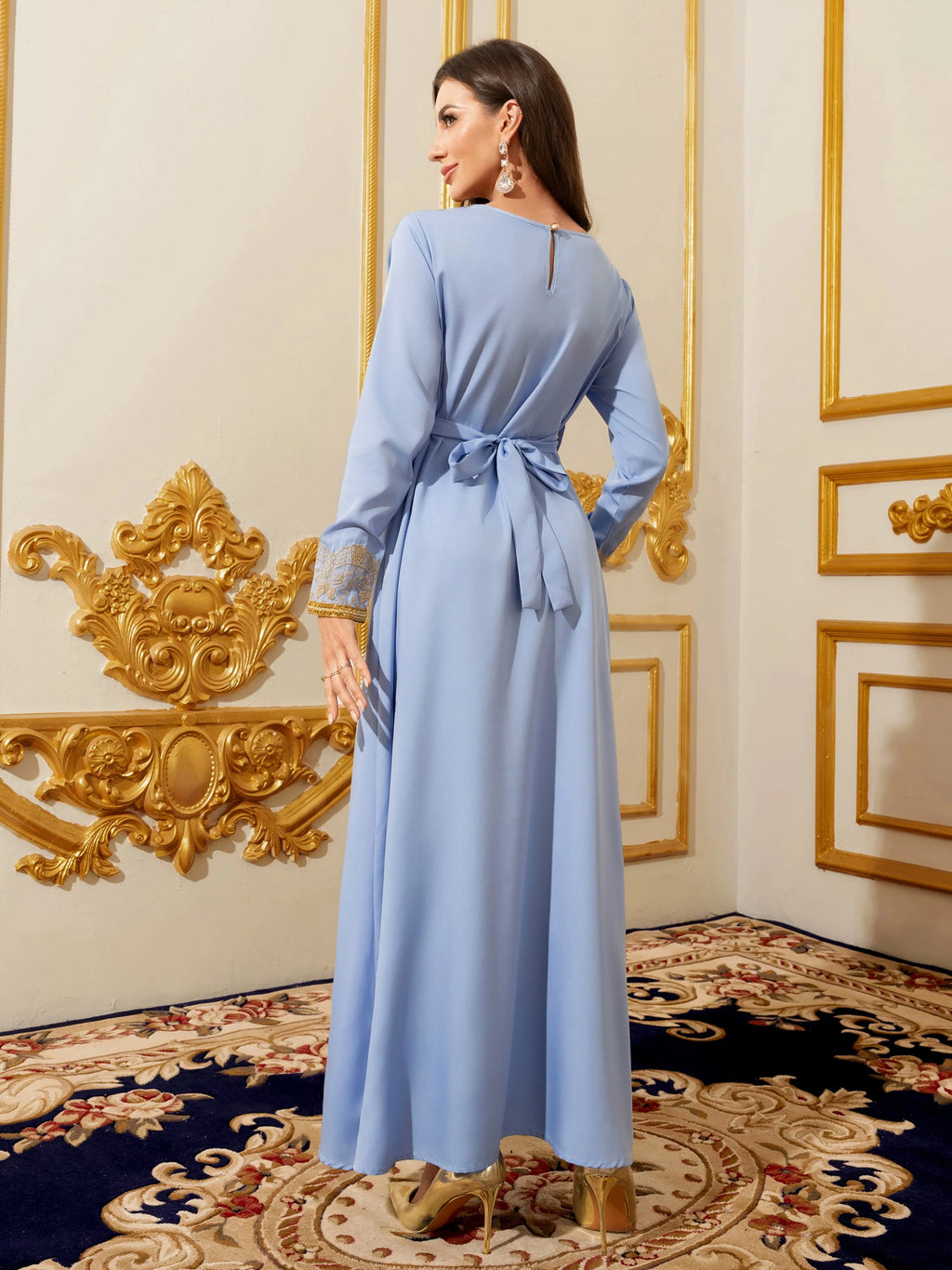 Gold Embroidery V-Neck Muslim Kaftan Maxi Dress
