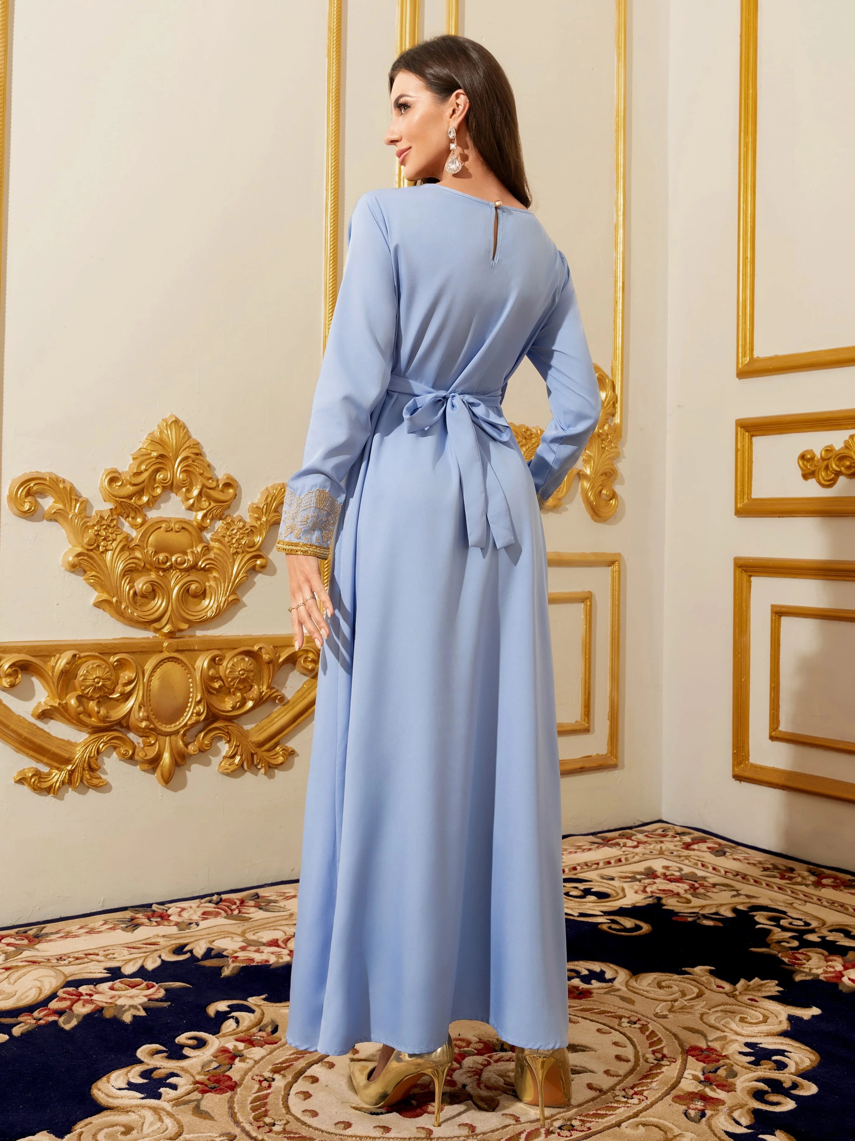 Gold Embroidery V-Neck Muslim Kaftan Maxi Dress