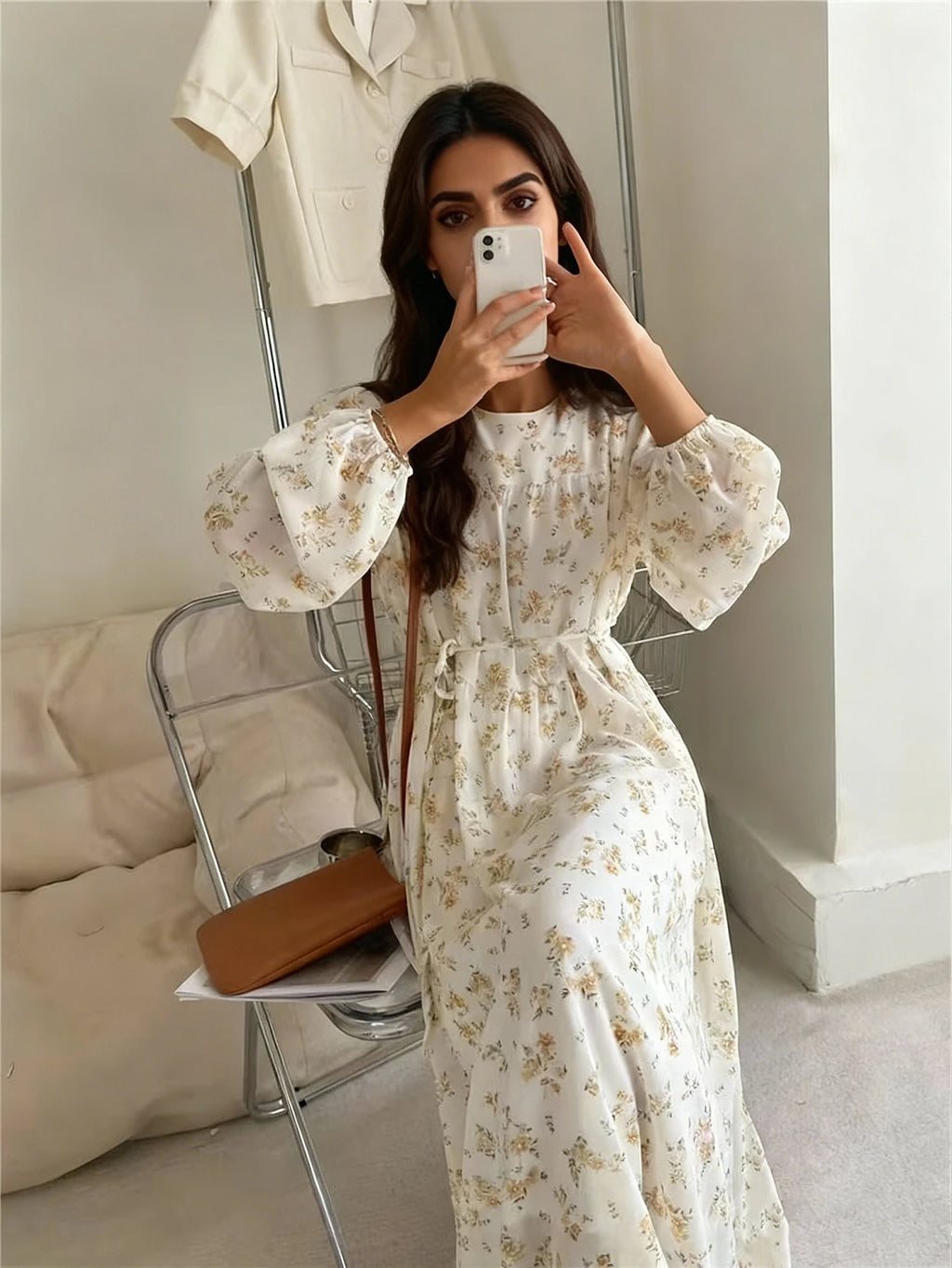 Floral Printed Long-Sleeve Loose Arabic Dress