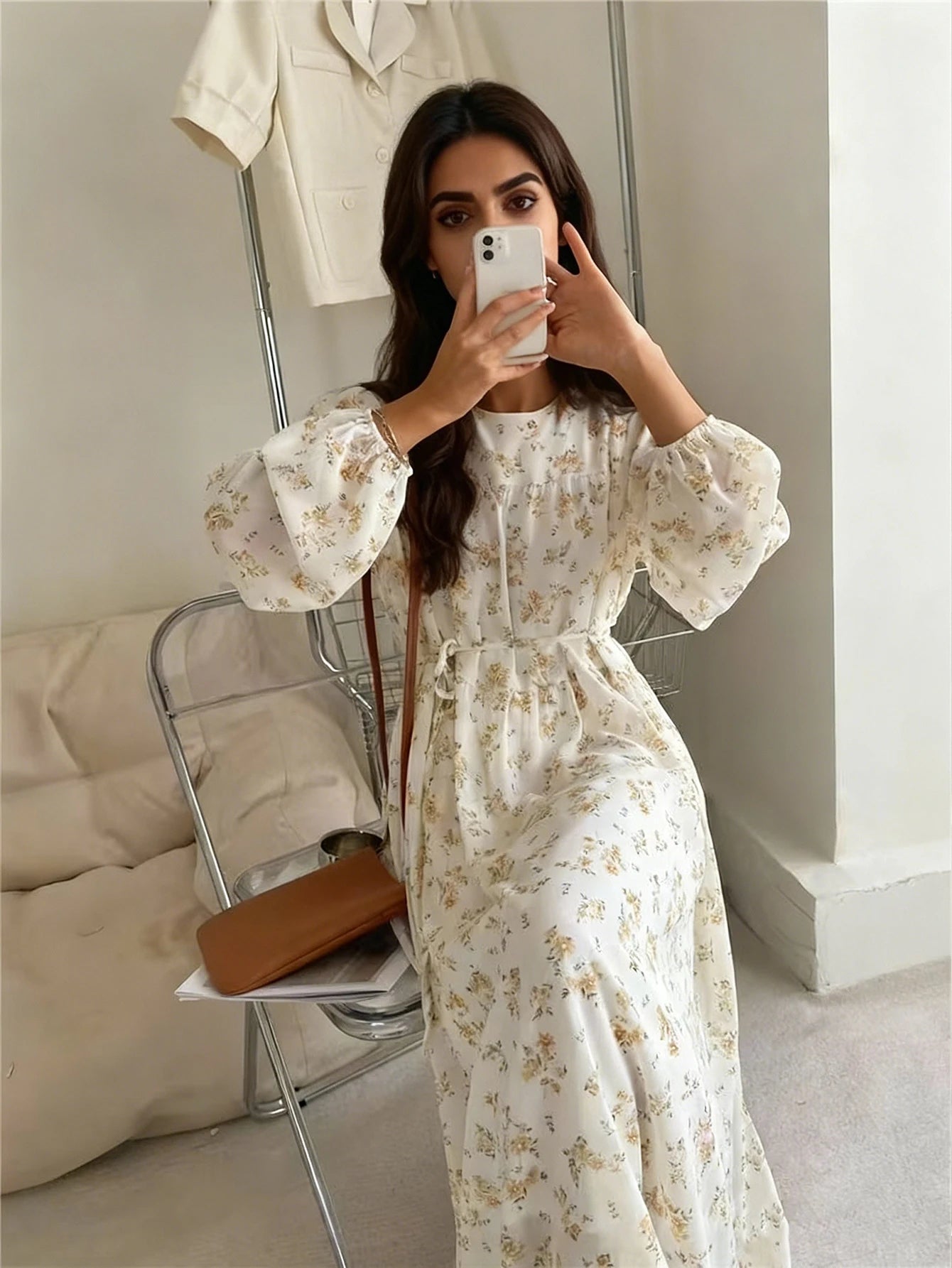 Floral Printed Long-Sleeve Loose Arabic Dress
