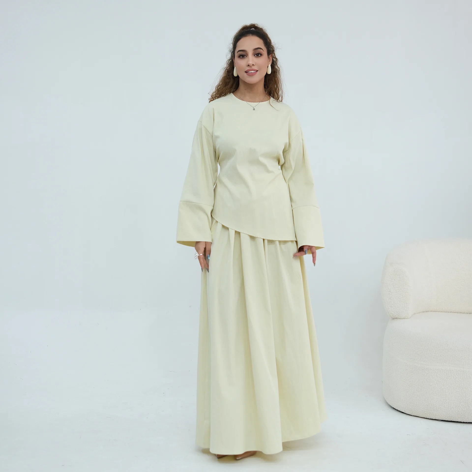 Elegant Women's 2 Piece Abaya Set Muslim Clothing Long Sleeve Top and Pleated Skirt Islamic Traditional Matching Turkey Outfit