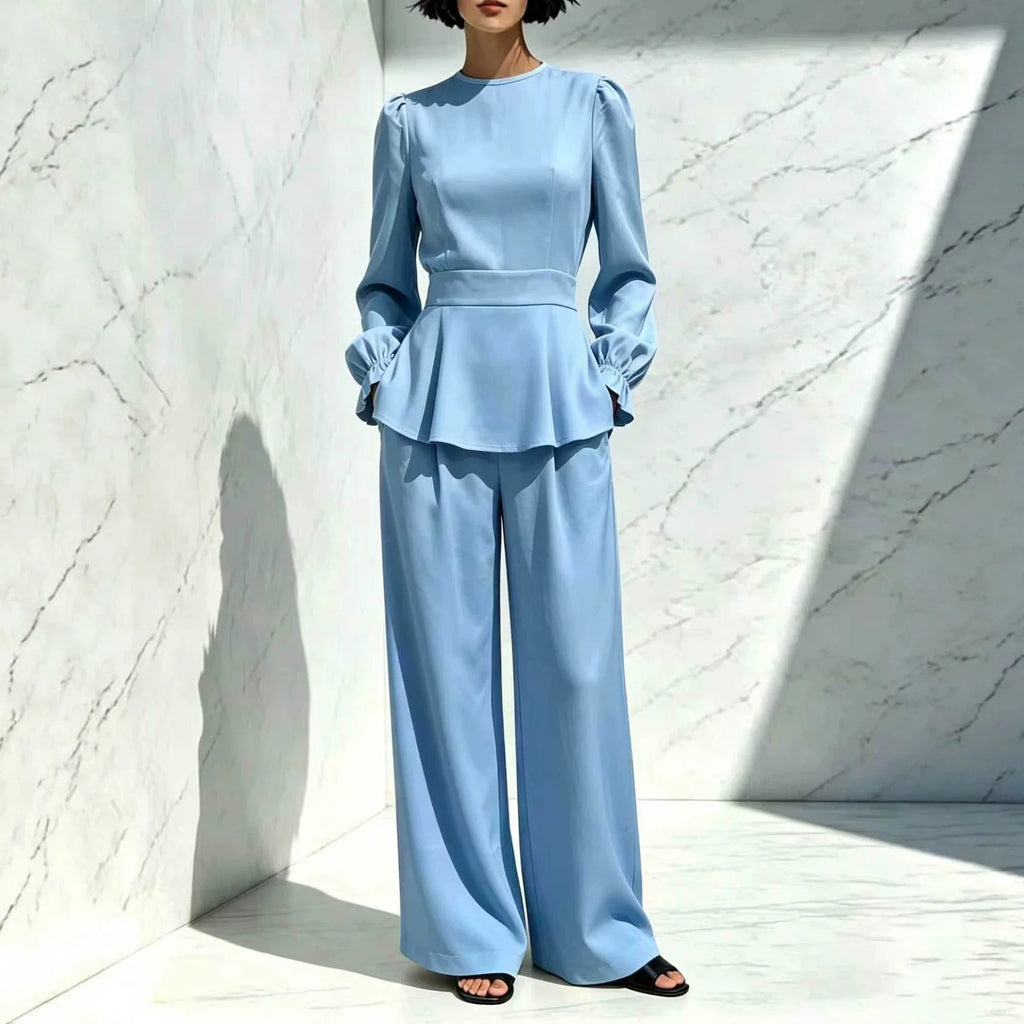 Women spring autumn Elegant 2 Piece Set Round Neck Long Puff Sleeve Flared Hem Top High Waist Wide Leg Pants Office casual Suit