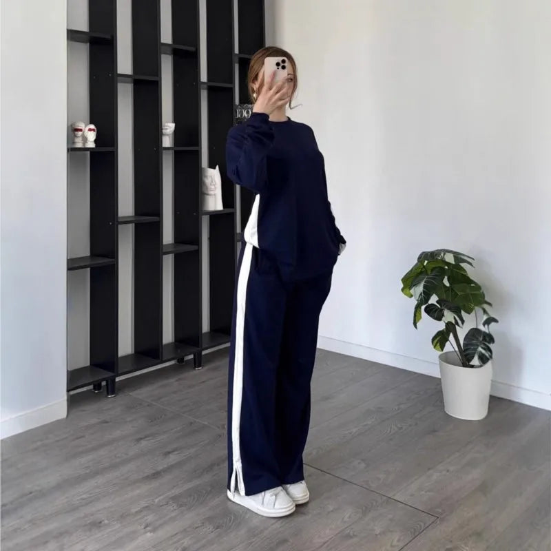 Women's Casual Color Matching Sports Two-piece Set Spring Autumn Fashion Round Neck Top+pants Suit With Slit Design Lady Outfit