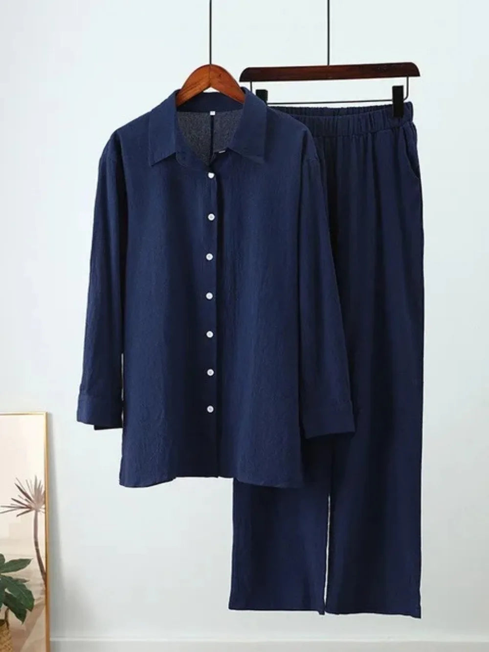 Women Muslim Set Wide Leg Pants Set Two Piece Set Cotton Linen Buttons Shirt Suit Ramadan Eid Dubai Ensemble Arabic Outfits