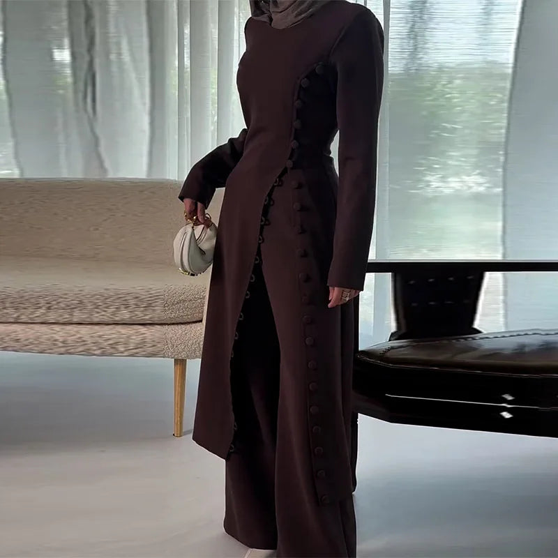 Two Piece Set Women Long Robe Top Wide Leg Pants Suit Ramadan Morocco Dubai Islam Casual Ensemble Femme Muslim Arabic Outfits