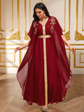 Burgundy Gold-Embroidered Cape-Sleeve Abaya Gown