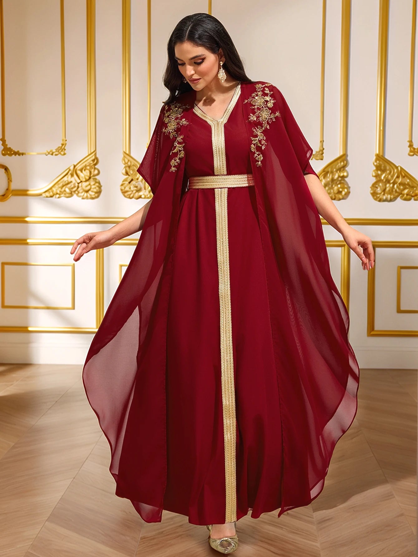 Burgundy Gold-Embroidered Cape-Sleeve Abaya Gown