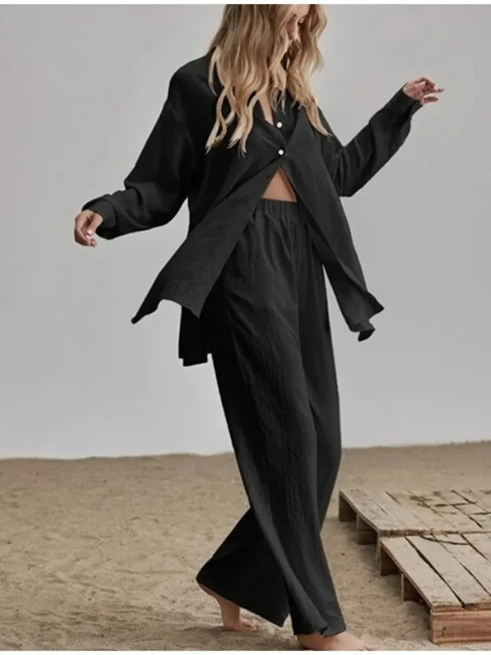Women Muslim Set Wide Leg Pants Set Two Piece Set Cotton Linen Buttons Shirt Suit Ramadan Eid Dubai Ensemble Arabic Outfits