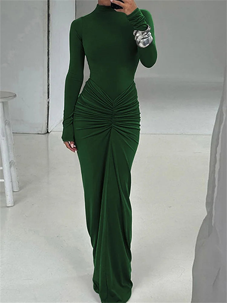 Long Sleeve Ruched Bodycon Maxi Dress
