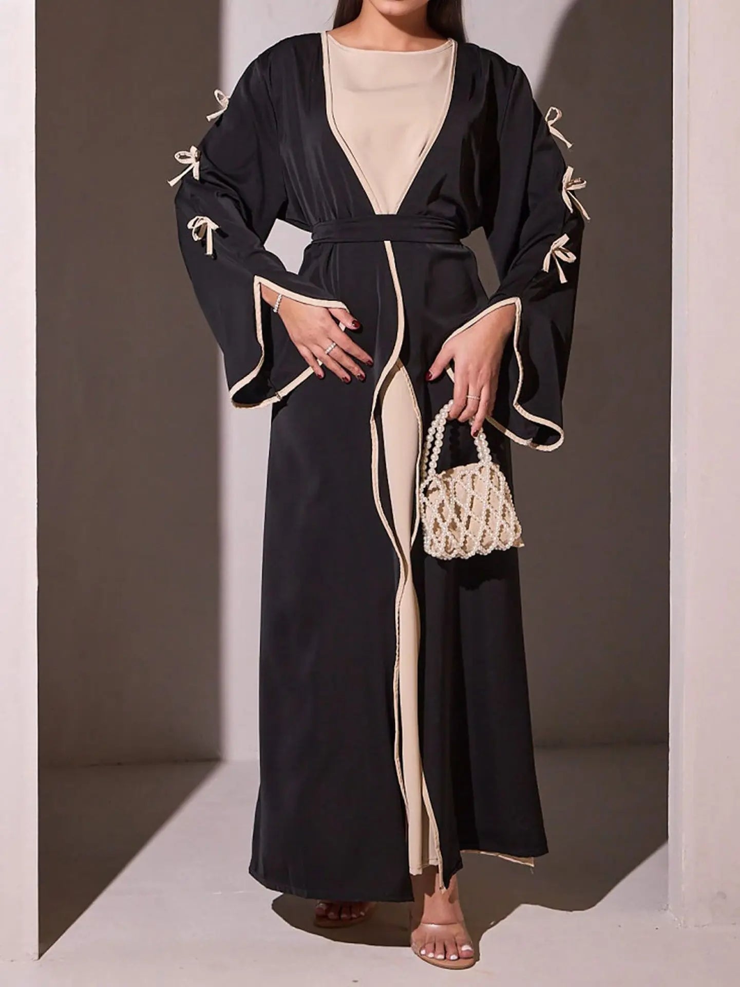 Bow Lace-Up Floral Kaftan Abaya Dress