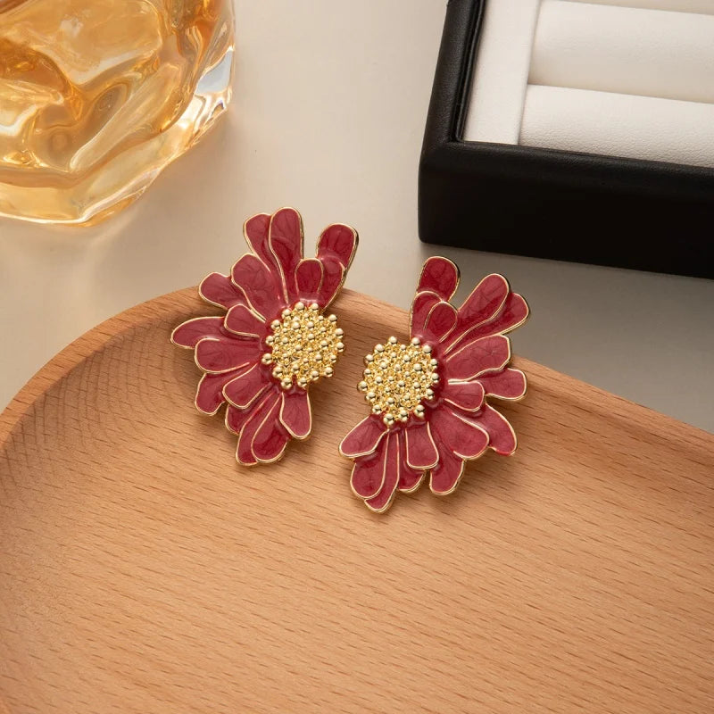 White Pink Metal Petal Flower Stud Earrings