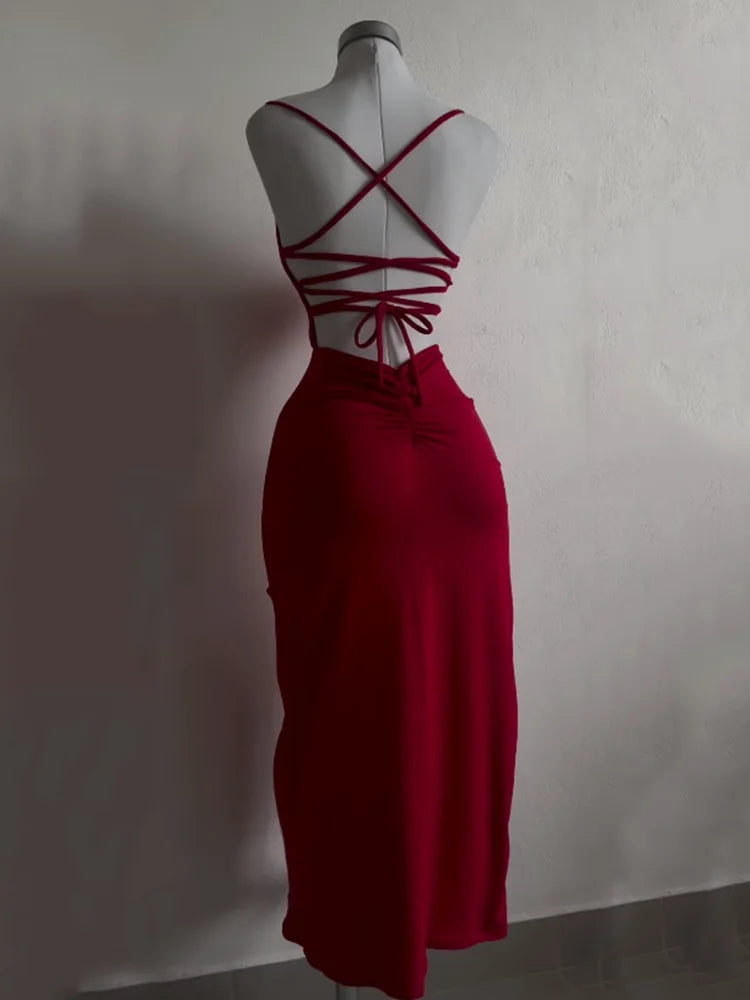 Strapless Bodycon Lace-Up Maxi Dress