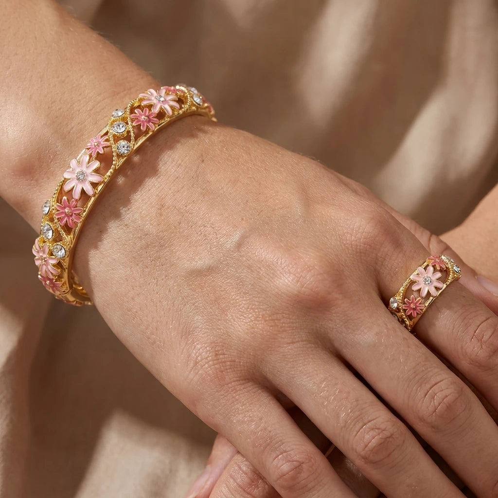Enamel Flower Copper Bangle Bracelet