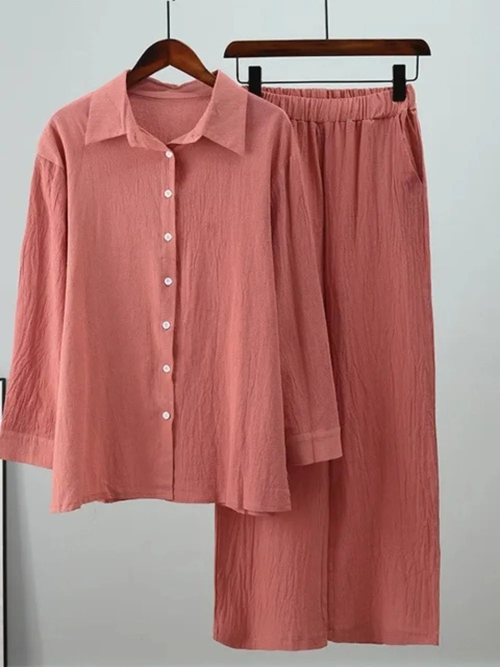 Women Muslim Set Wide Leg Pants Set Two Piece Set Cotton Linen Buttons Shirt Suit Ramadan Eid Dubai Ensemble Arabic Outfits