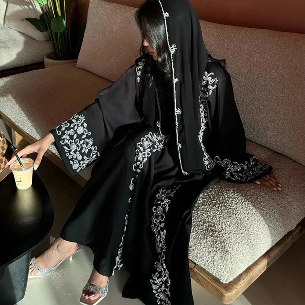 French Gold-Embellished Beaded Open Abaya