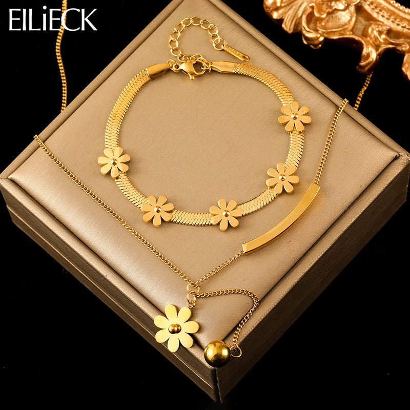 Gold Flower Stainless Steel Necklace & Bracelet Set