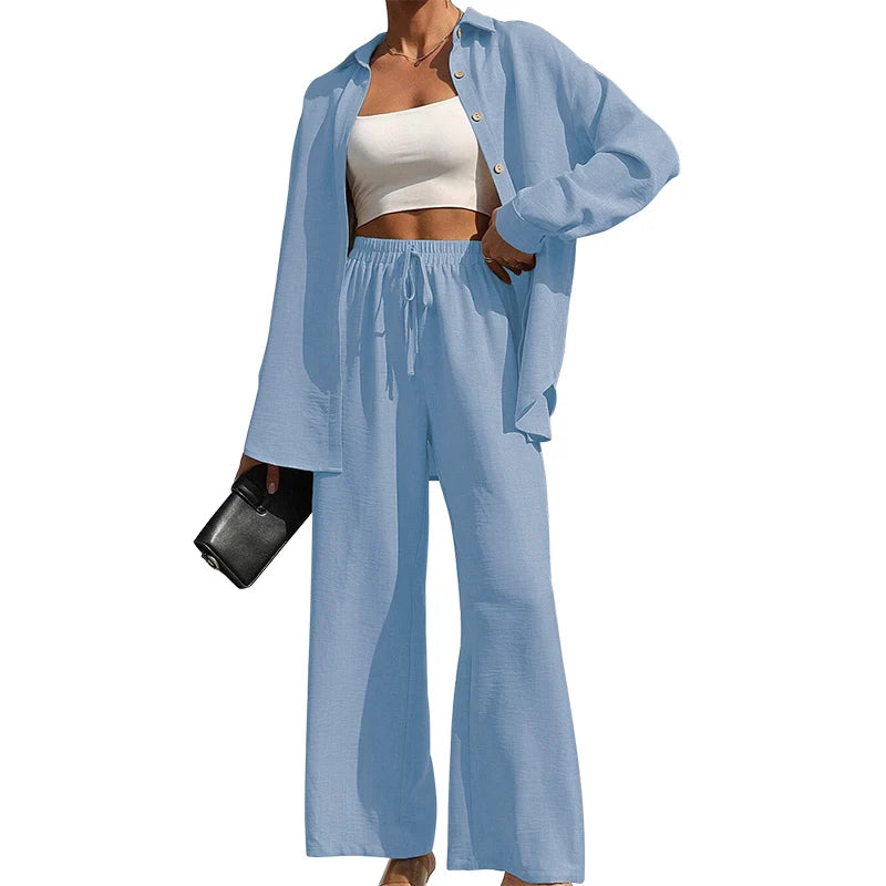 Button Shirt & Wide Leg Pants Two-Piece Set