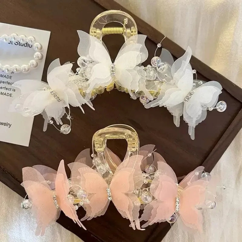 Sheer Butterfly Pearl Rhinestone Hair Claw