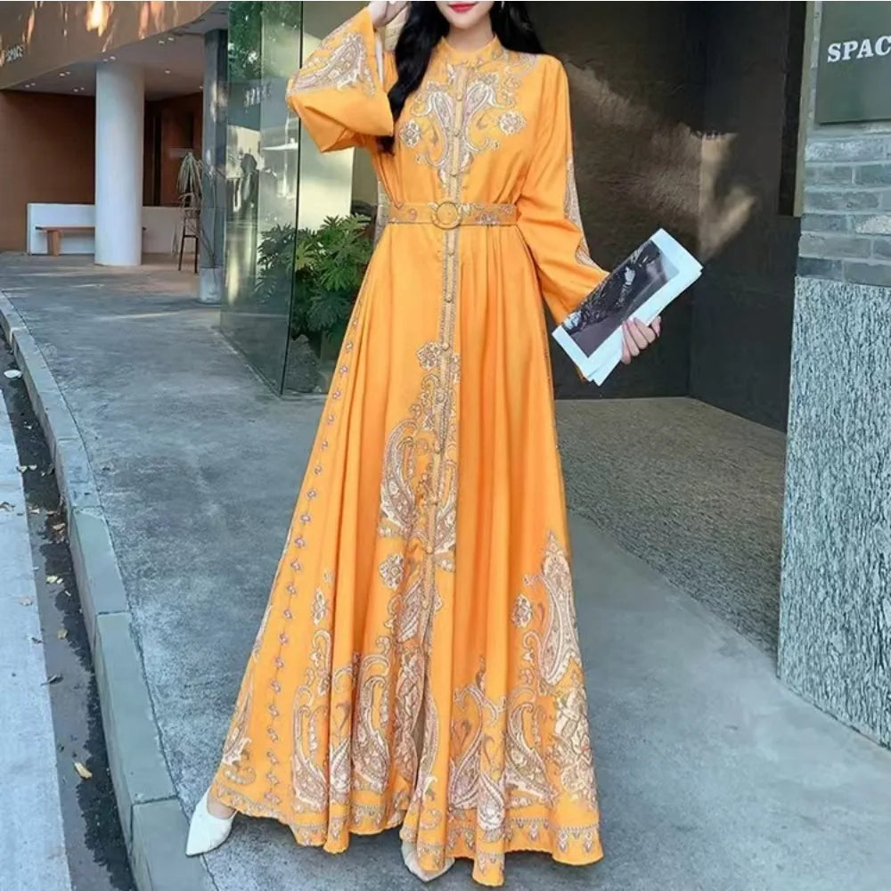 Printed Flare Sleeve Belted Eid Abaya