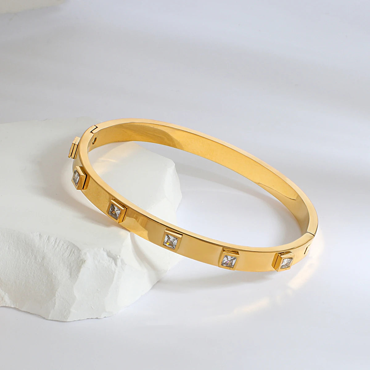 Cubic Zirconia Gold Stainless Steel Bangle