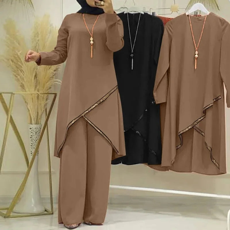Women Muslim Wide Leg Pants Sets Fashion Sequins Islamic Clothing Loose Matching Sets Tracksuit Long Sleeve Blouse Abaya Suits