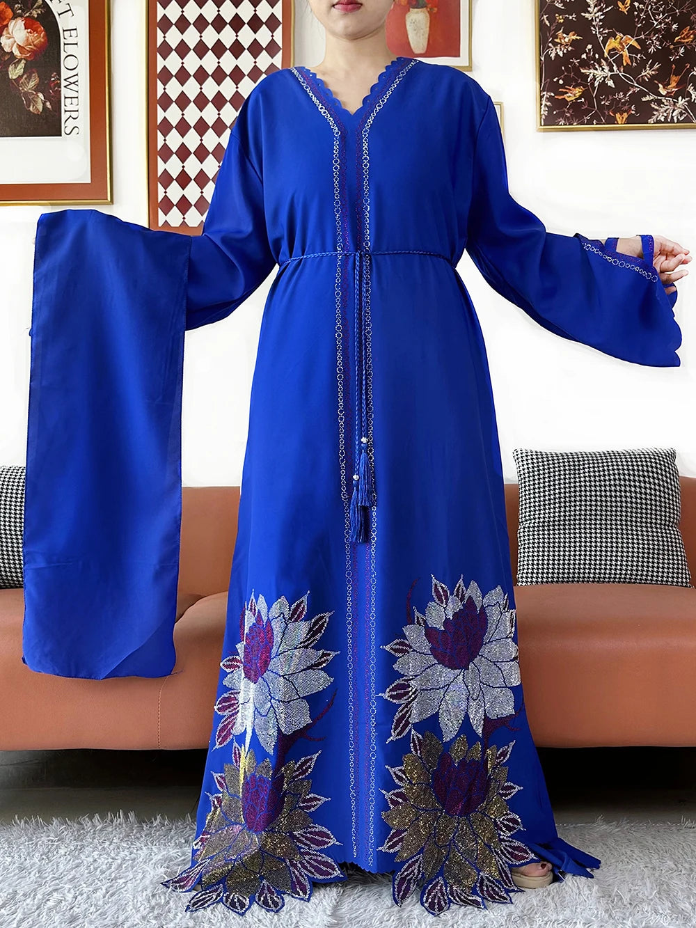 Chiffon Diamond Long Sleeve Abaya Dress
