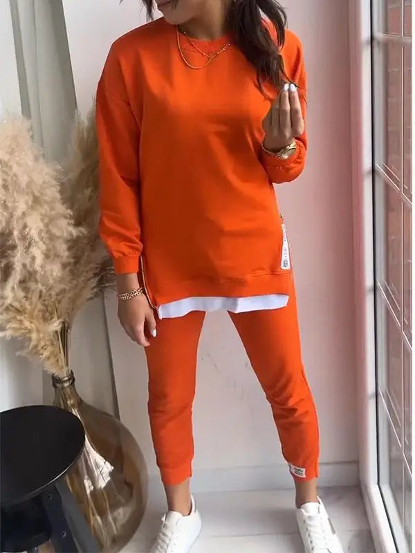 New Autumn Patchwork Loose Two Piece Set  Women's Fashion Long Sleeve Pullover Suit Casual Hoodie Sports Pencil Pants Outfits