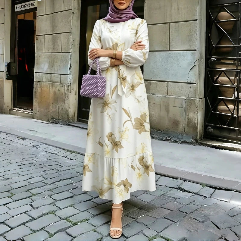 Floral Print Round Neck Ruffle Hem Modest Maxi Dress