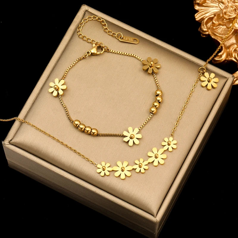 Gold Flower Stainless Steel Necklace & Bracelet Set