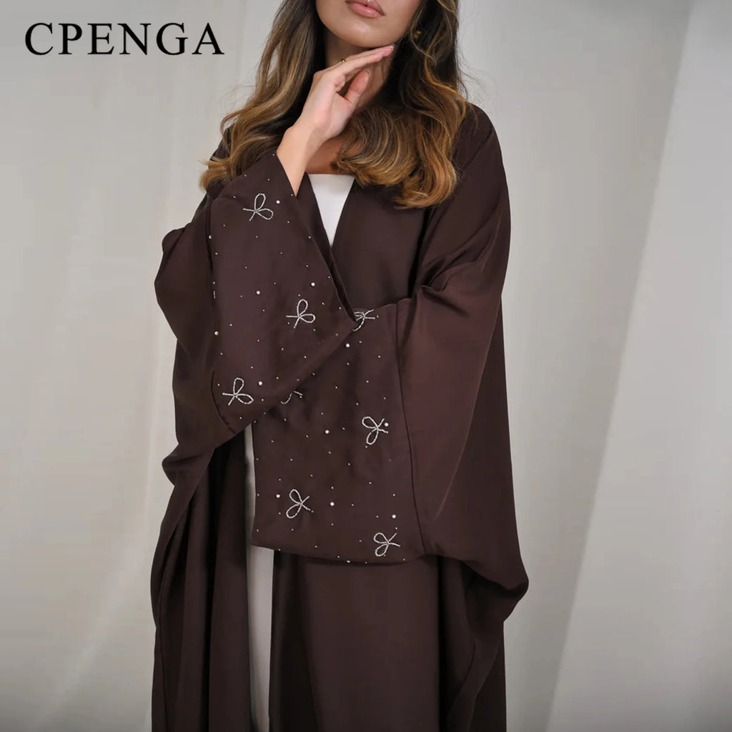 Beaded Bow Open-Front Cardigan Abaya