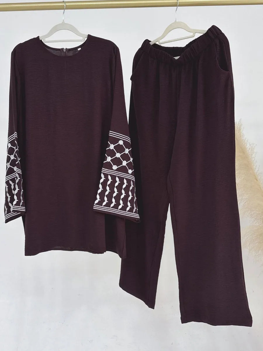 Muslim Abayas For Women Middle East Turkish Embroidery Top Plus Wide-Leg Long Pants Two-Piece Set Ramadan Islam Clothing Set