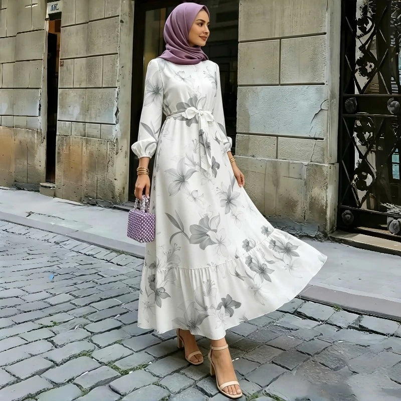 Floral Print Round Neck Ruffle Hem Modest Maxi Dress