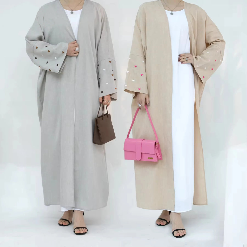Heart Embroidery Batwing Sleeve Linen Kimono Abaya
