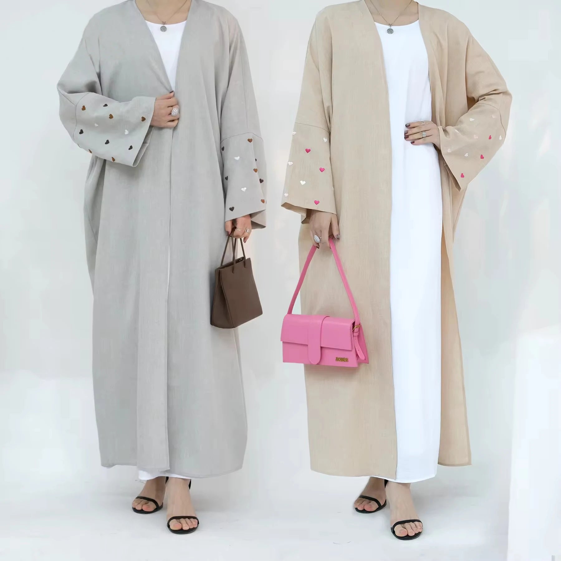 Heart Embroidery Batwing Sleeve Linen Kimono Abaya