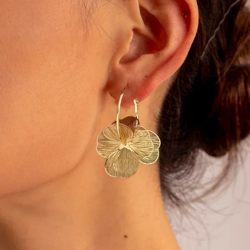 Golden Double-Layer Hollow Flower Hoop Earrings