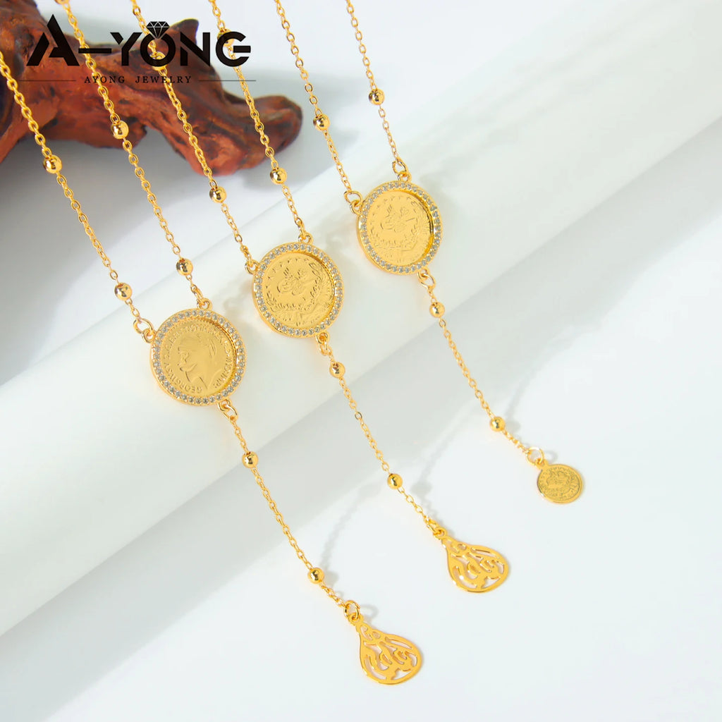 Islamic Gold Coins Long Pendant Necklace