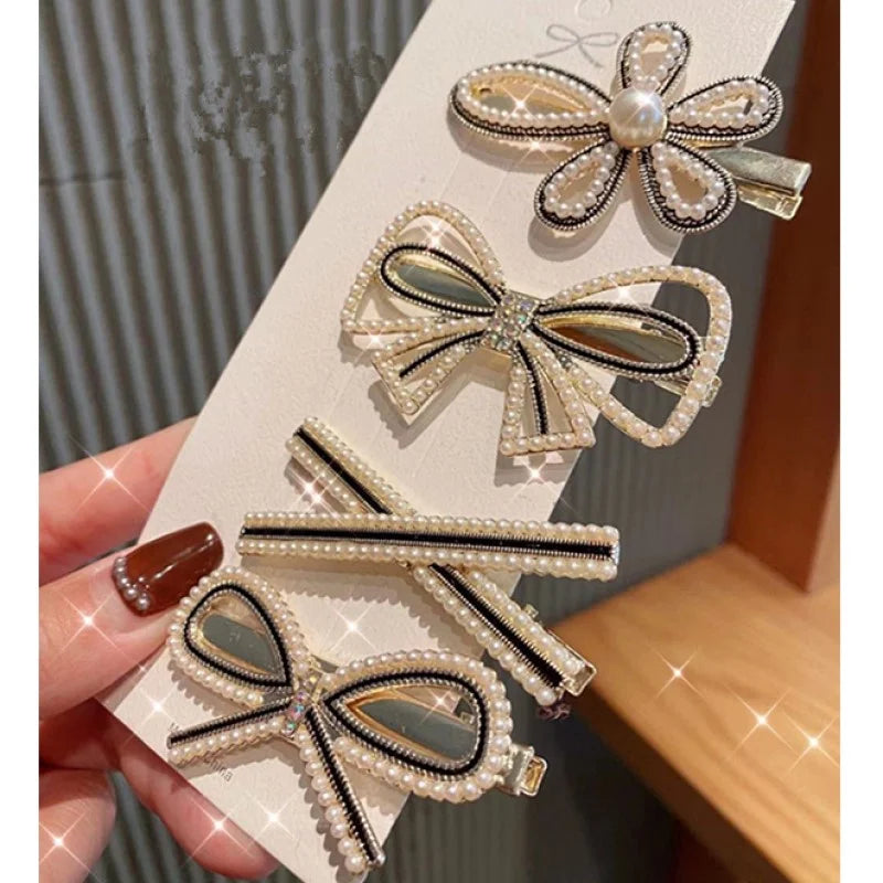 Handmade Pearl & Rhinestone Flower Hair Clips Set