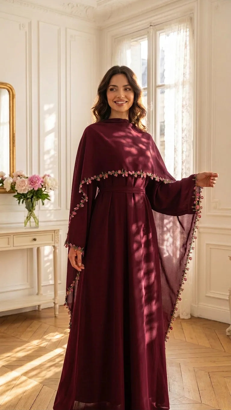 Rose Floral Trim Dubai Abaya with Hijab