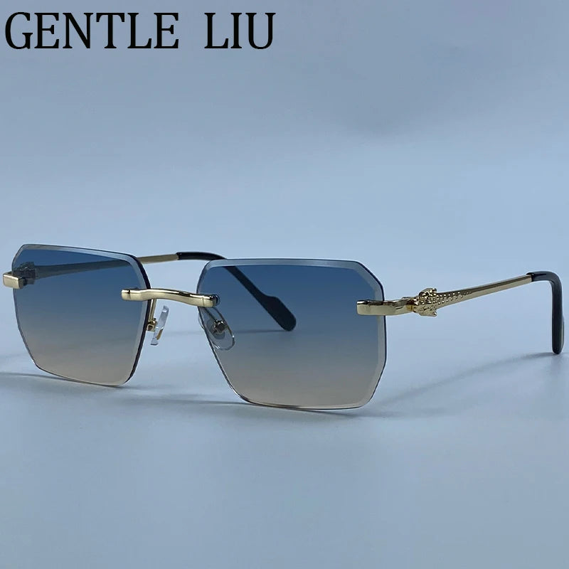 Geometric Square Rimless Sunglasses Women 2026 Luxury Designer Steampunk Leopard Head Metal Sun Glasses Ladies Shades Eyewear
