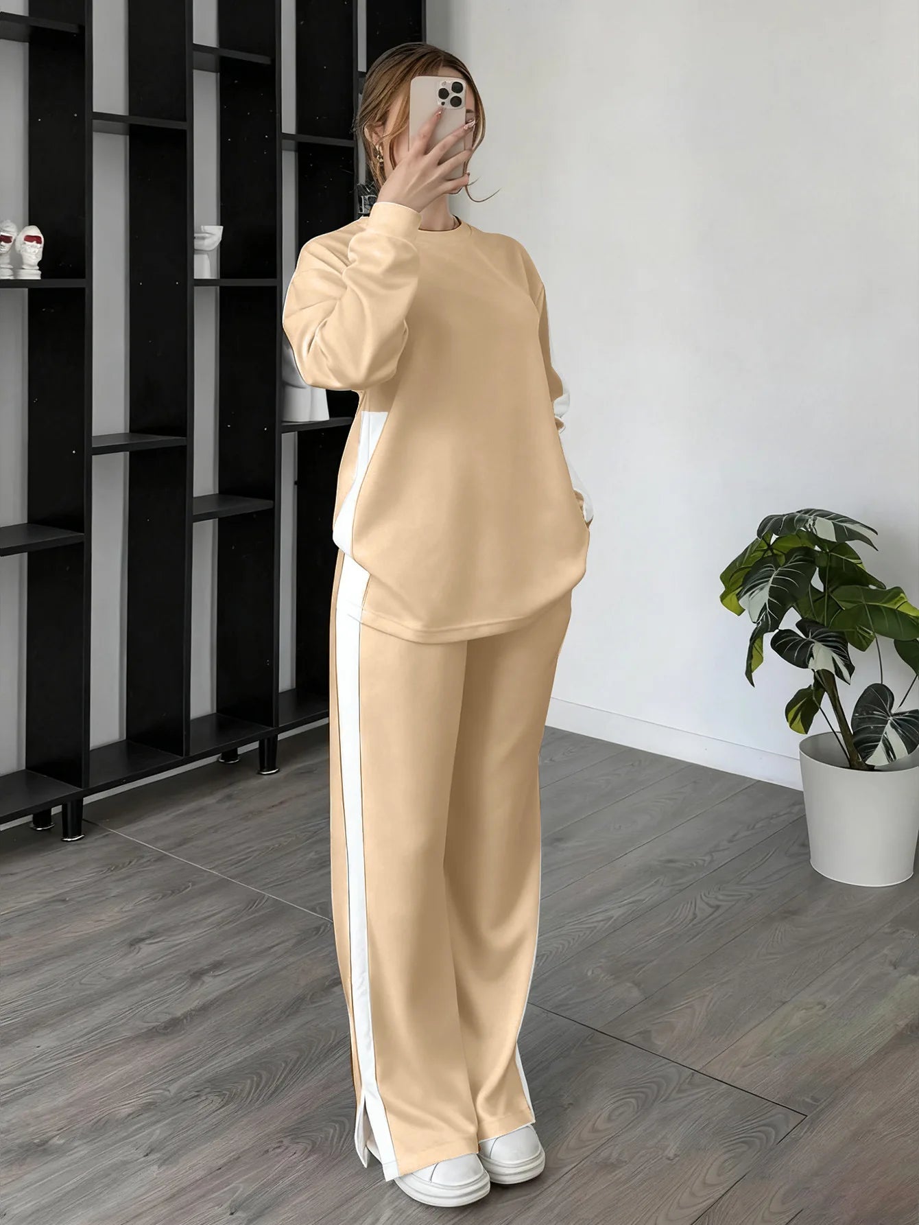 Women's Casual Color Matching Sports Two-piece Set Spring Autumn Fashion Round Neck Top+pants Suit With Slit Design Lady Outfit