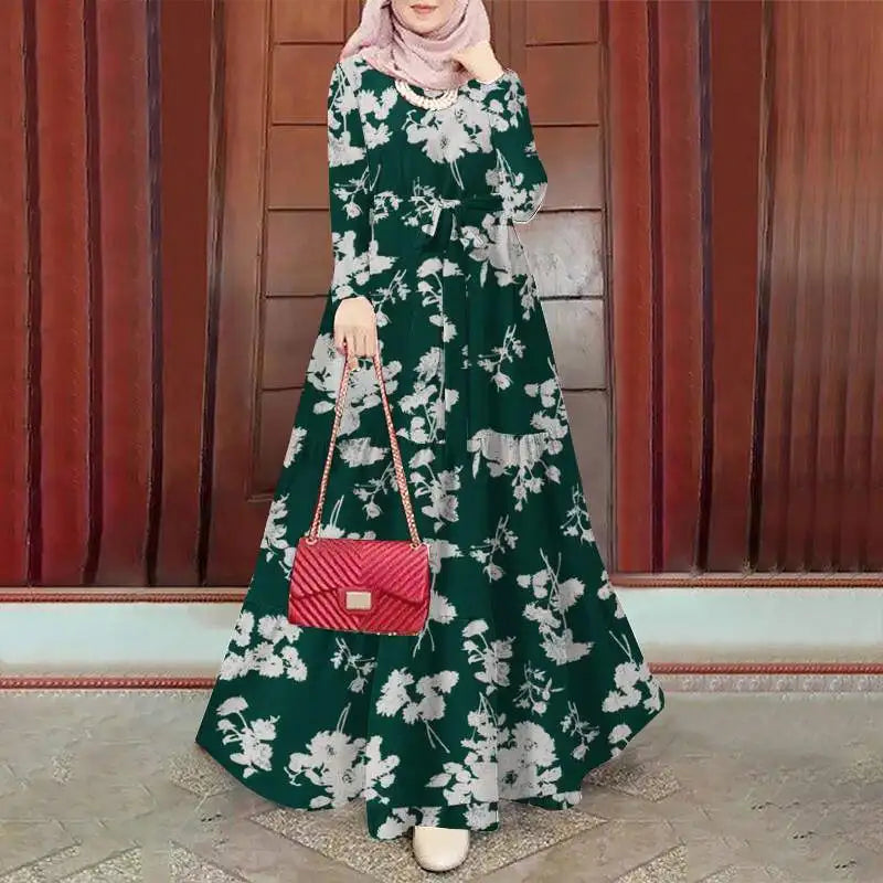 Floral Bohemian Tiered Belted Abaya Maxi Dress