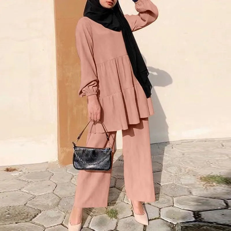 Ensembles Muslim Two Piece Set Women Blouse Wide Leg Pants Suit Ramadan Eid Morocco Dubai Islam Arabic Modest Saudi Outfits