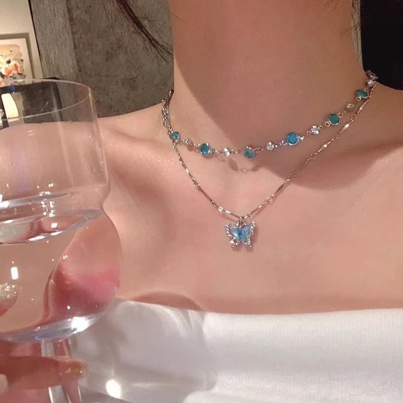 Crystal Zircon Butterfly Tassel Necklace